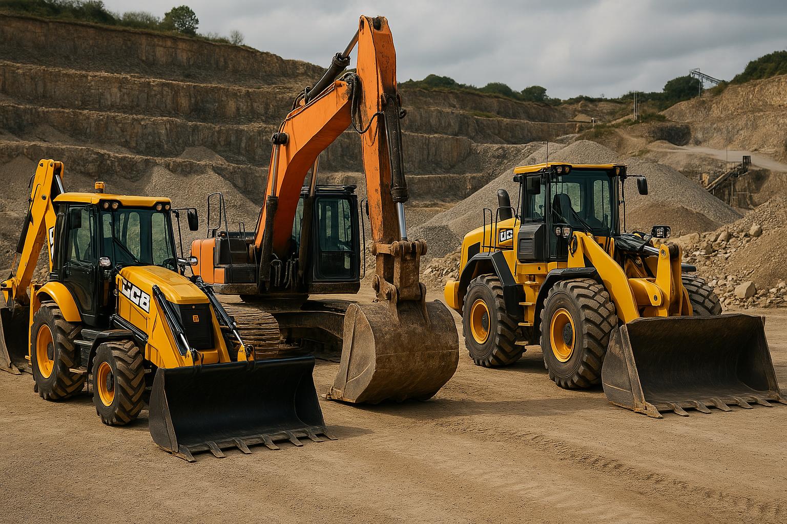 A JCB an excavator and a large wheeled loader in a large commercial quarry, Equipment that Evogo Asset Finance provide funding solutions to business to assist growth.