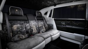 An interior view of the new limited edition Rolls Royce Phantom Centenary Private Collection stunning upholstery