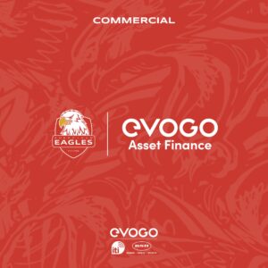 A red graphic announcing a partnership: "COMMERCIAL" text at top, "Sheffield Eagles" logo left, "EVOGO Asset Finance" logo right. Smaller logos at bottom.