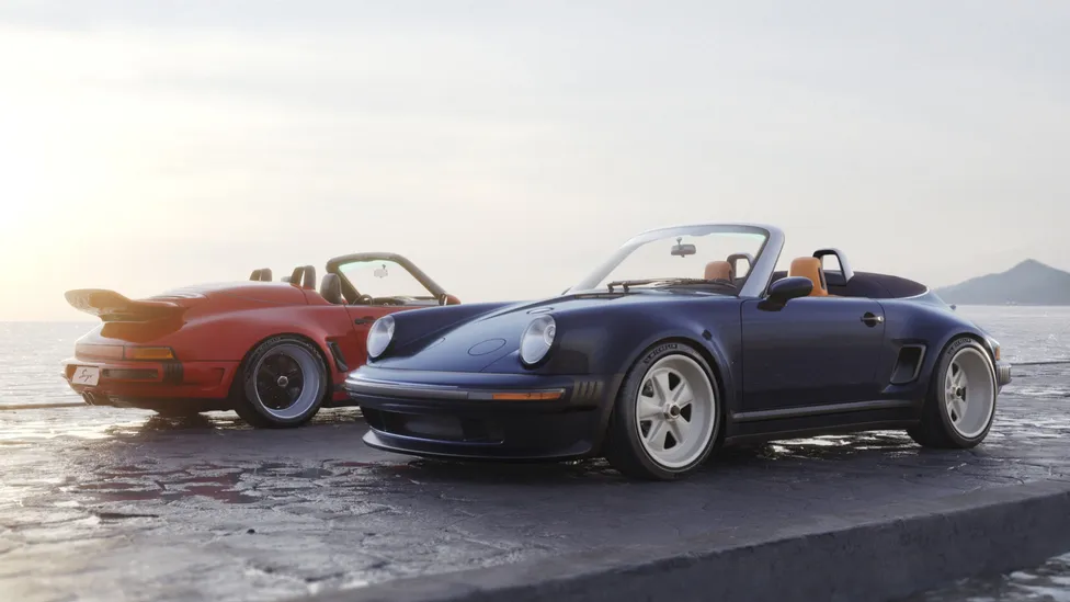 Porsche 911 Carrera Cabriolet Reimagined by Singer Vehicle design, both red and blue press cars