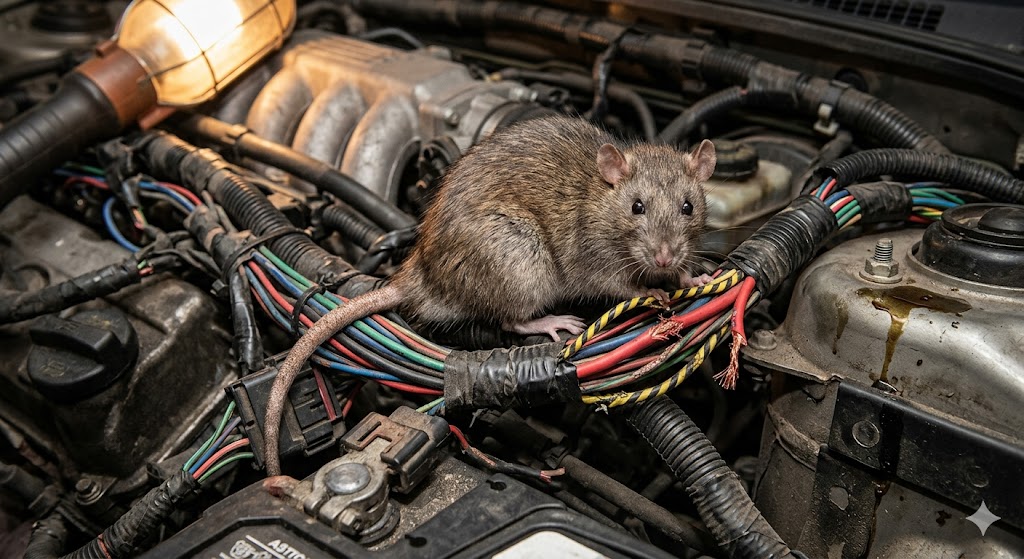 an image of a rat in a car engine bay