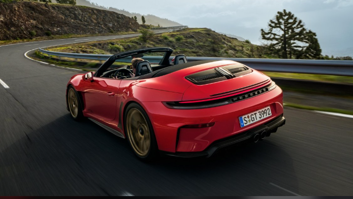 Rear shot image with the roof down of the newly released Porsche GT3 S/C in guards red